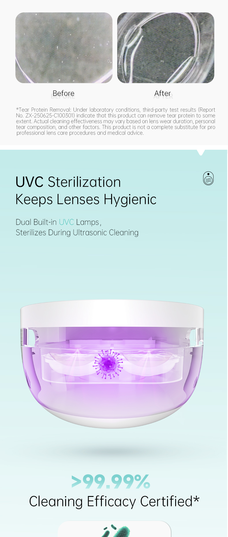 105KHz High Frequency Ultrasonic Cleaner for Ortho-K Contact Lenses Cleaning Machine 800mAh Magnetic Charging with UVC Light