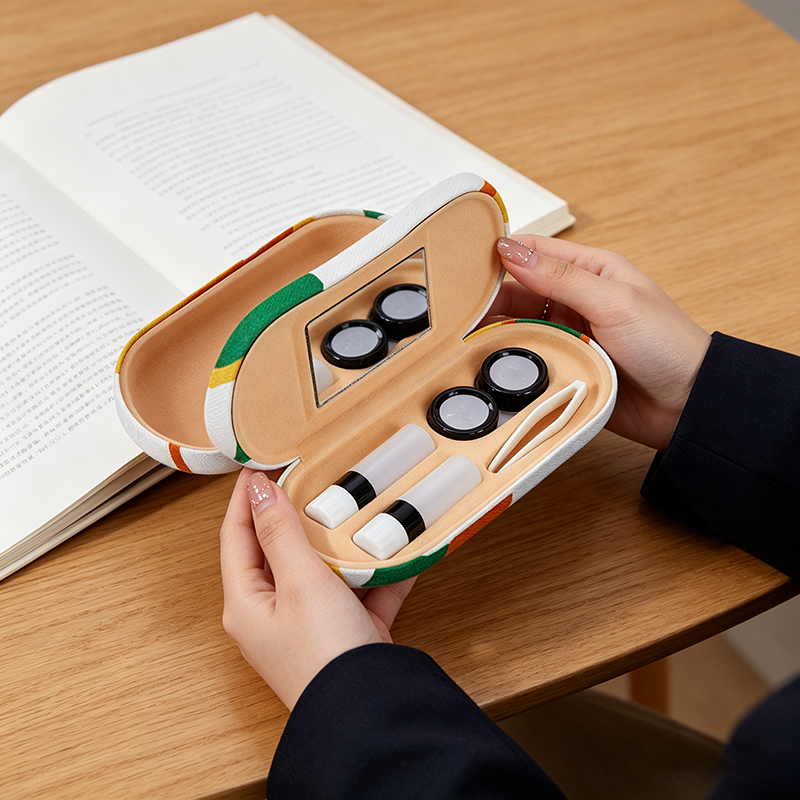 Custom Wholesale Double Layer Eyeglass Case for Travel Optical Frame Hard Shell Striped Dual Use Contact Lens Box